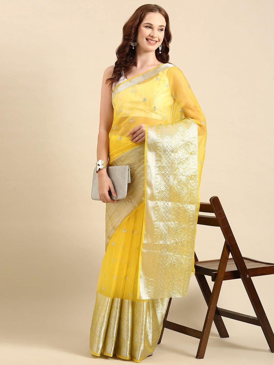 anouk yellow & gold-toned floral embroidered sequin organza saree