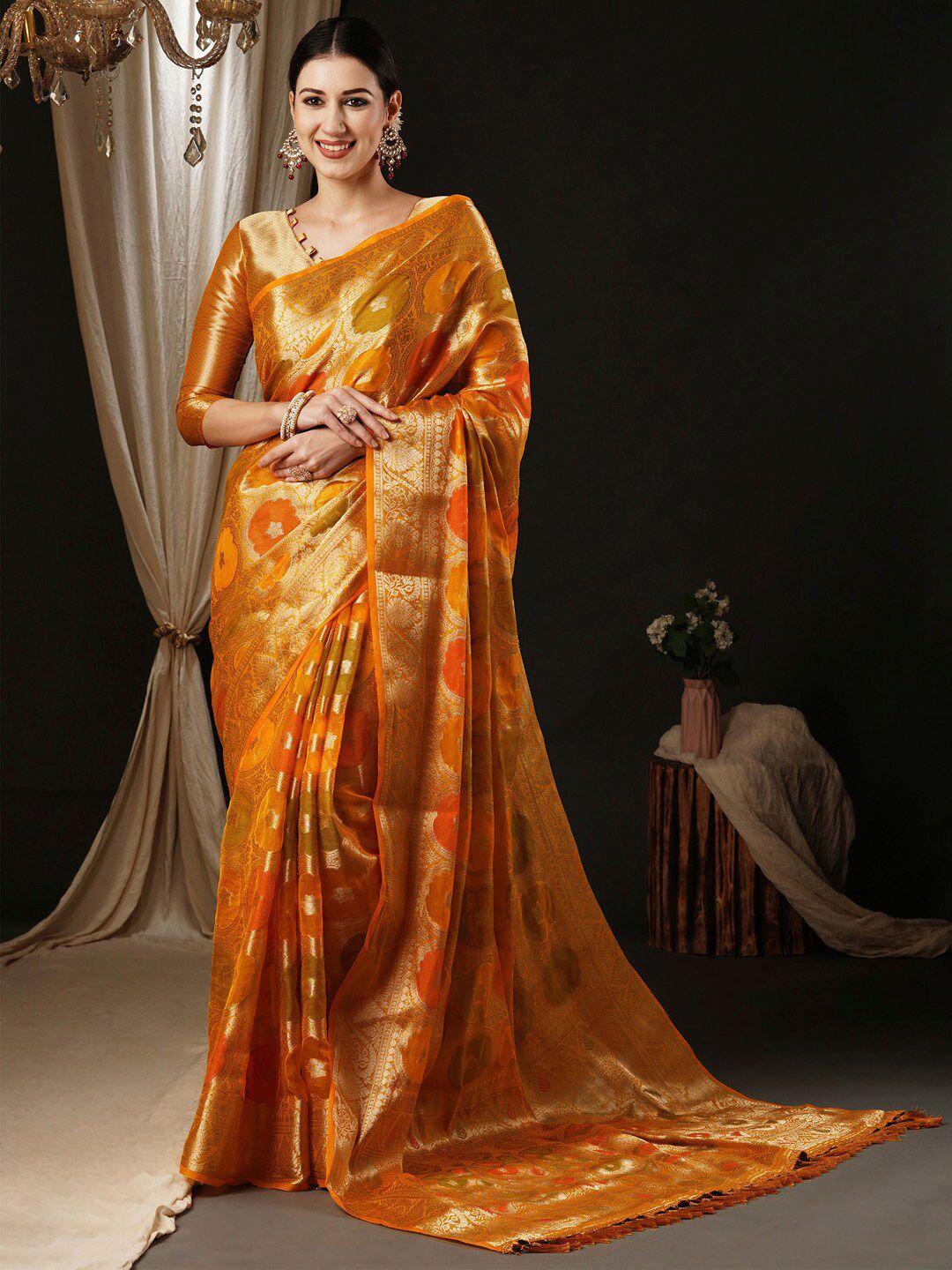 anouk yellow & gold woven design zari organza banarasi saree