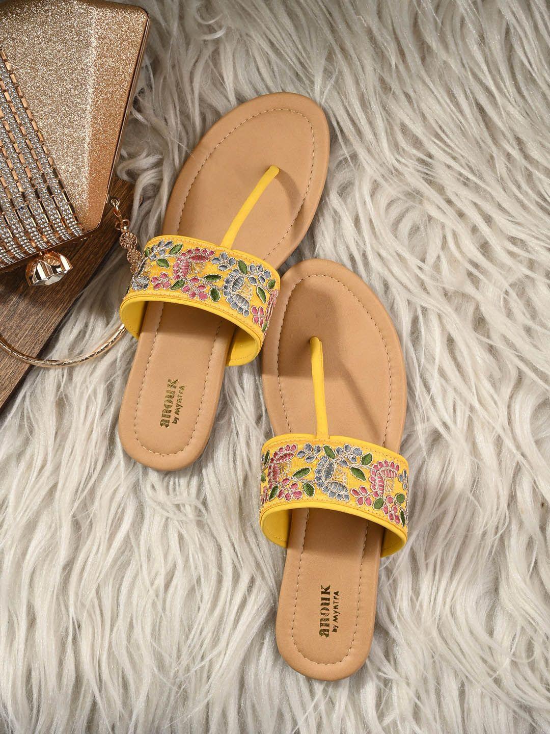 anouk yellow & green embroidered t-strap flats