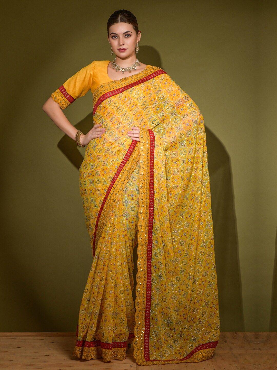 anouk yellow & green ethnic motifs printed sequinned pure chiffon saree