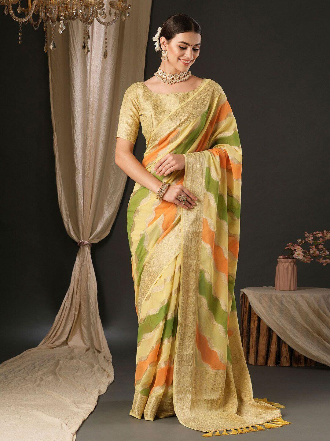 anouk yellow & green ethnic motifs pure georgette designer banarasi saree