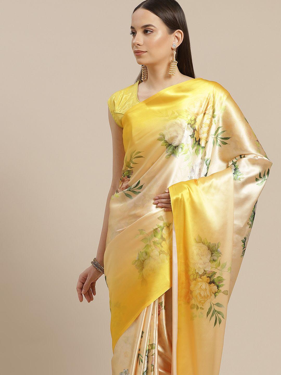anouk yellow & green floral print satin saree