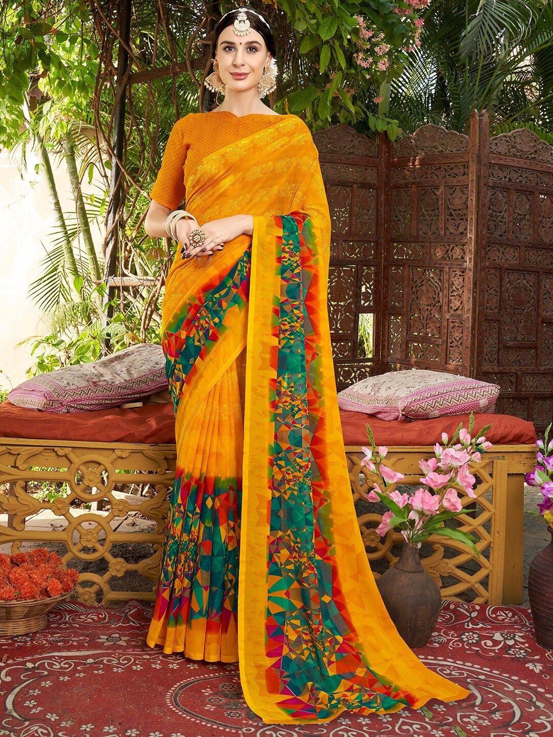 anouk yellow & green geometric printed saree