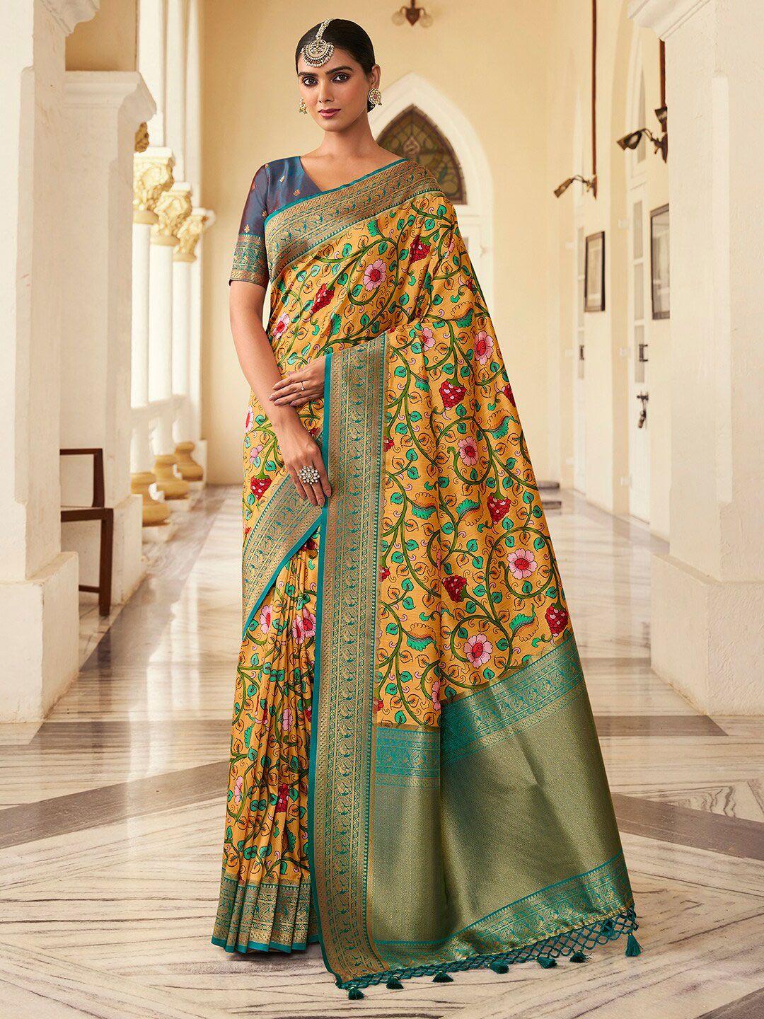 anouk yellow & green kalamkari printed zari satin banarasi saree