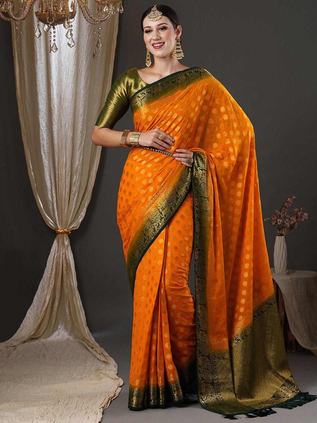 anouk yellow & green woven design zari pure georgette kanjeevaram saree