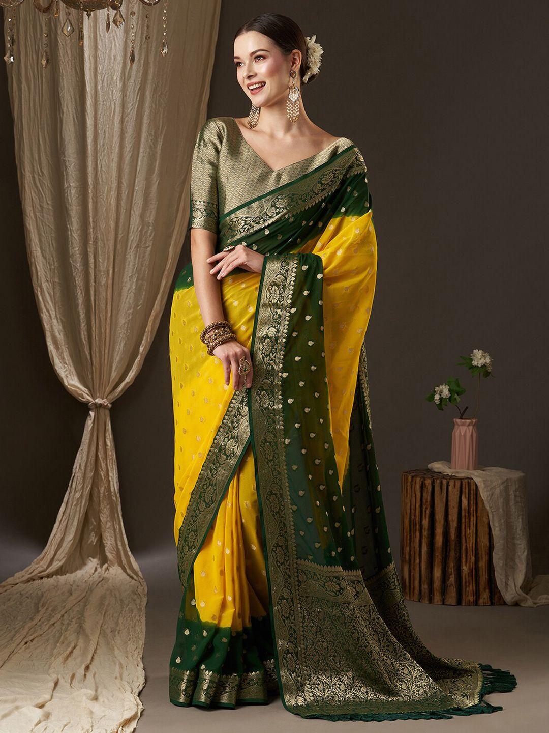 anouk yellow & green woven design zari pure georgette kanjeevaram saree