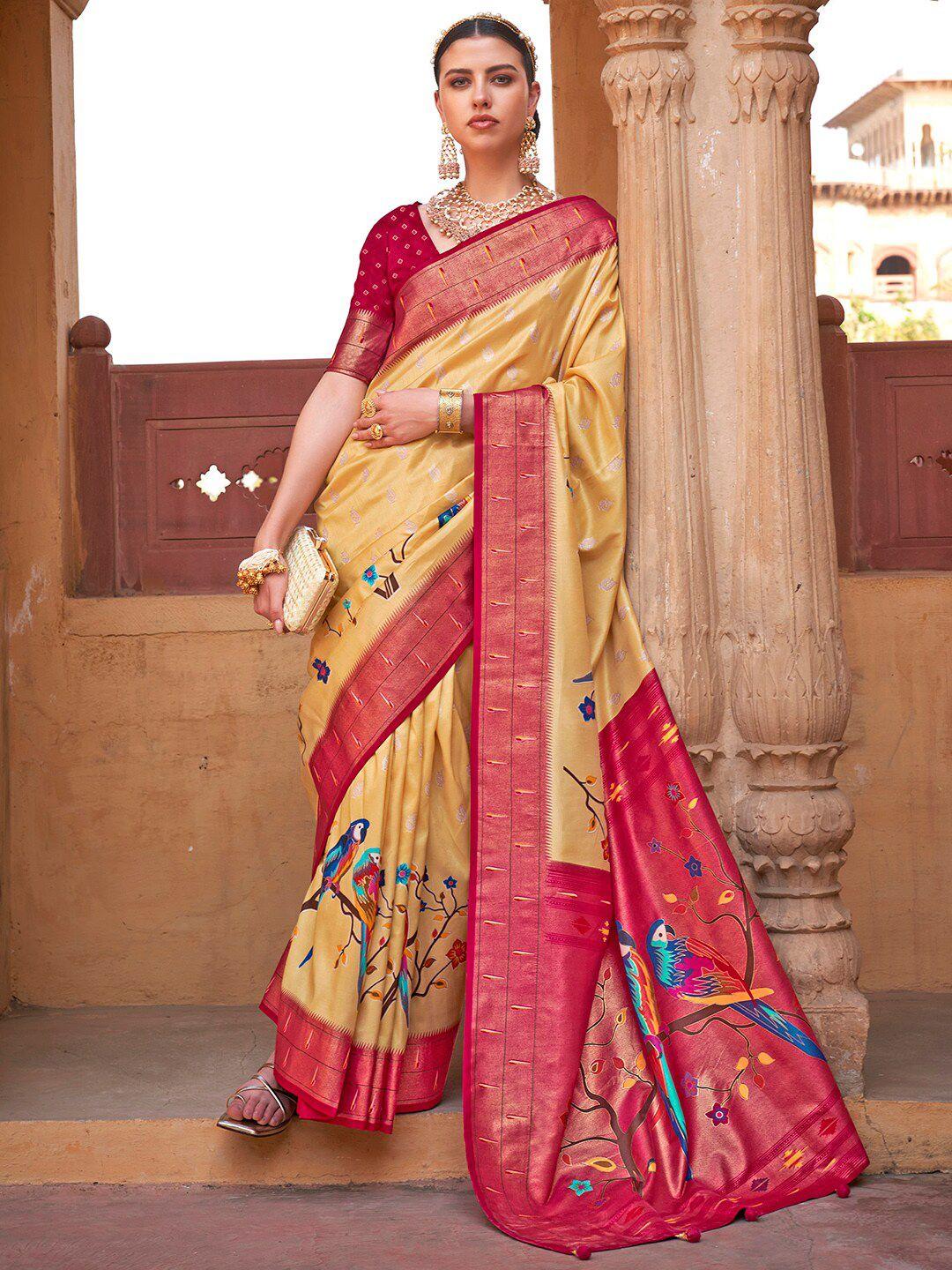 anouk yellow & magenta ethnic motifs zari silk blend banarasi saree