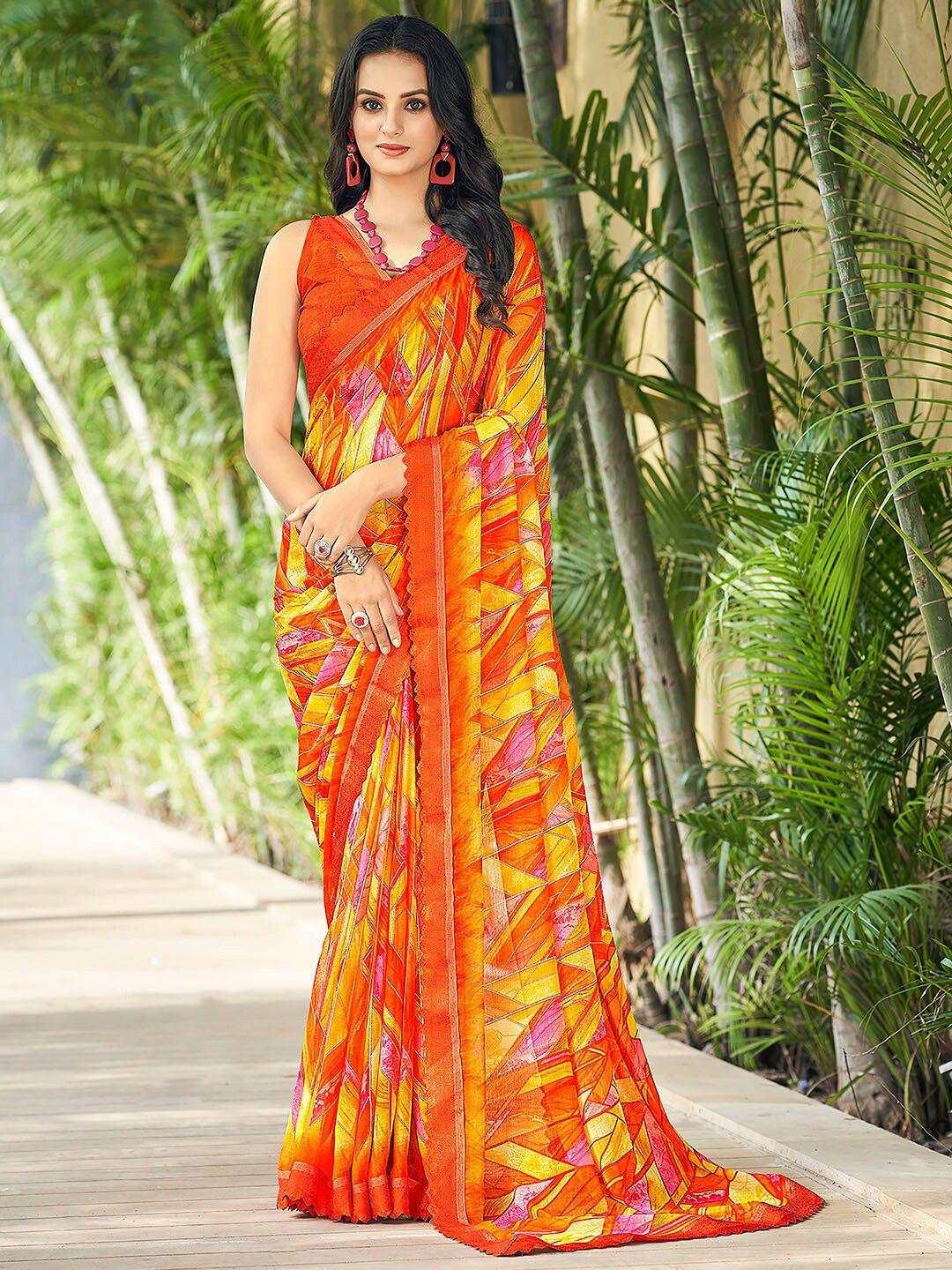 anouk yellow & orange pure chiffon designer saree