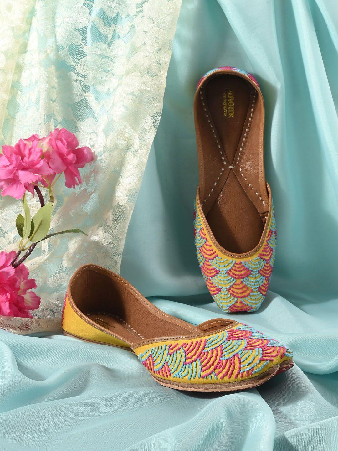 anouk yellow & pink ethnic fabric square toe embroidered mojaris