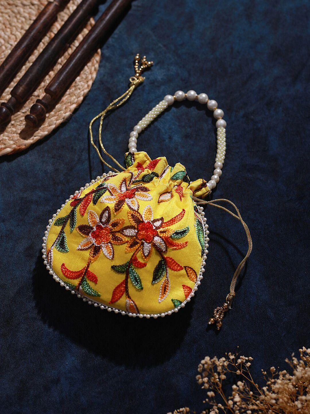 anouk yellow & red embroidered embellished potli clutch