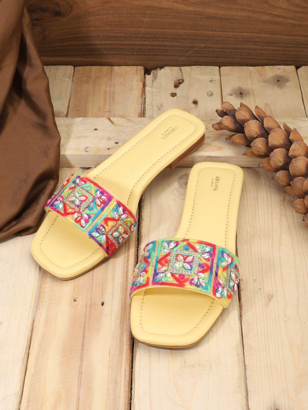 anouk yellow & red embroidered ethnic open toe flats