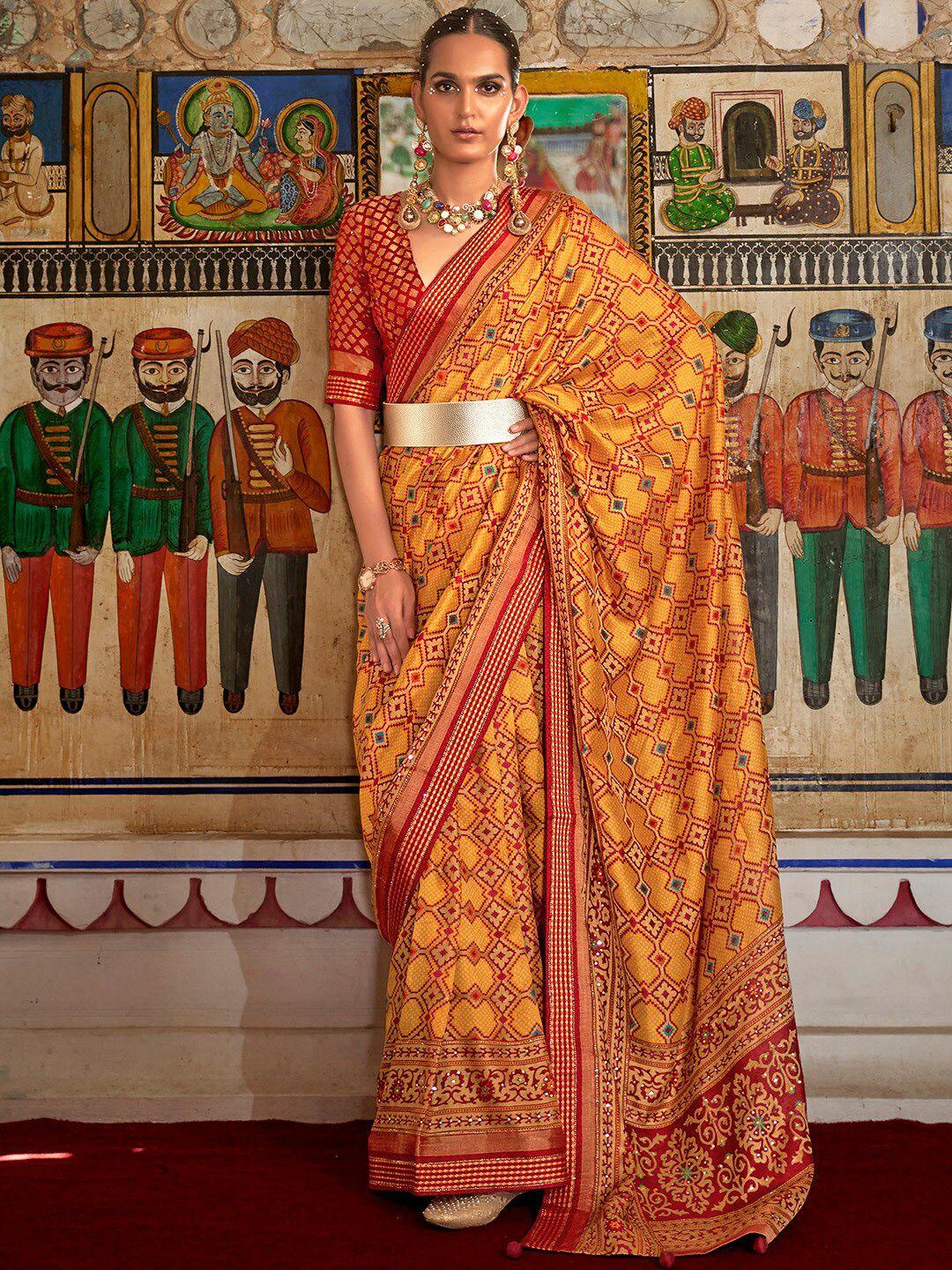 anouk yellow & red ethnic motifs pure georgette bandhani saree