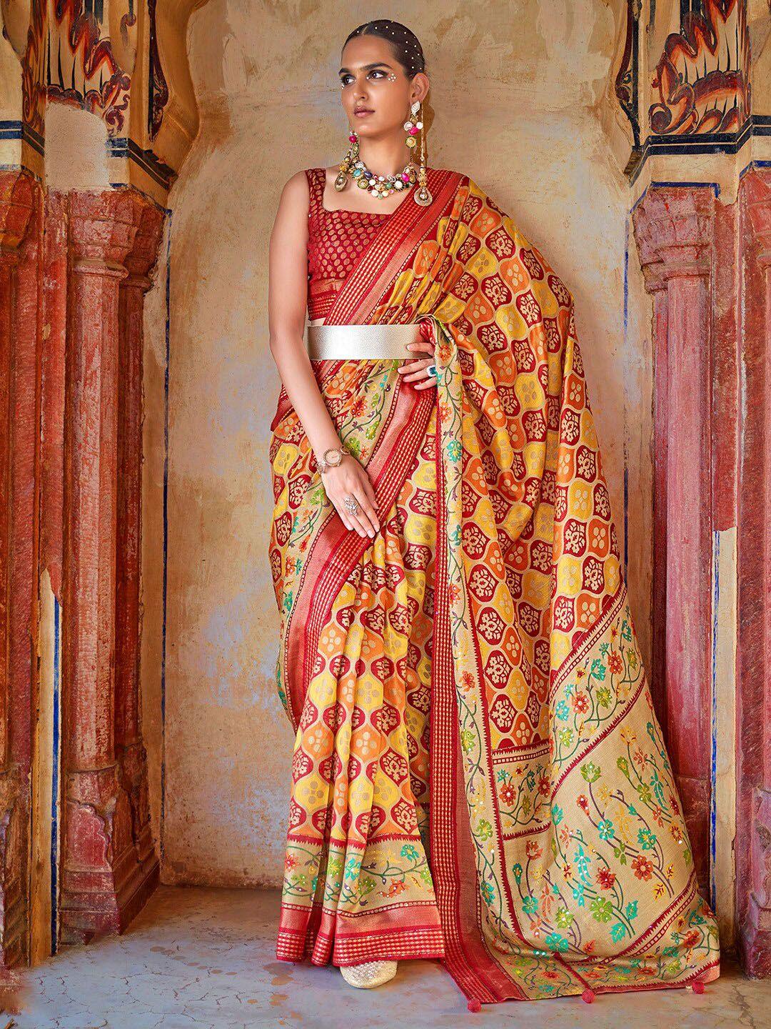 anouk yellow & red ethnic motifs zari pure georgette bagru saree