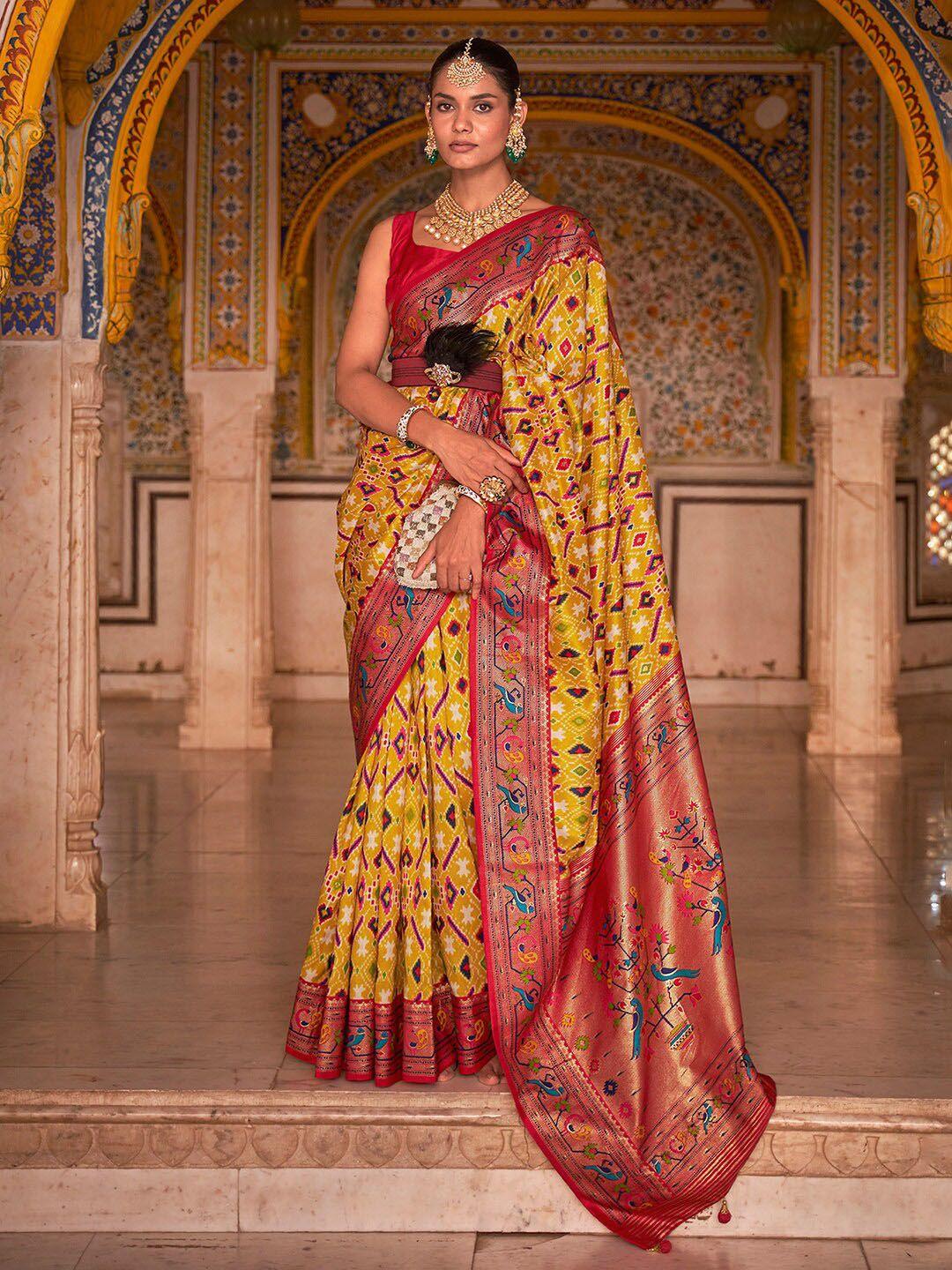 anouk yellow & red ethnic motifs zari silk blend patola saree