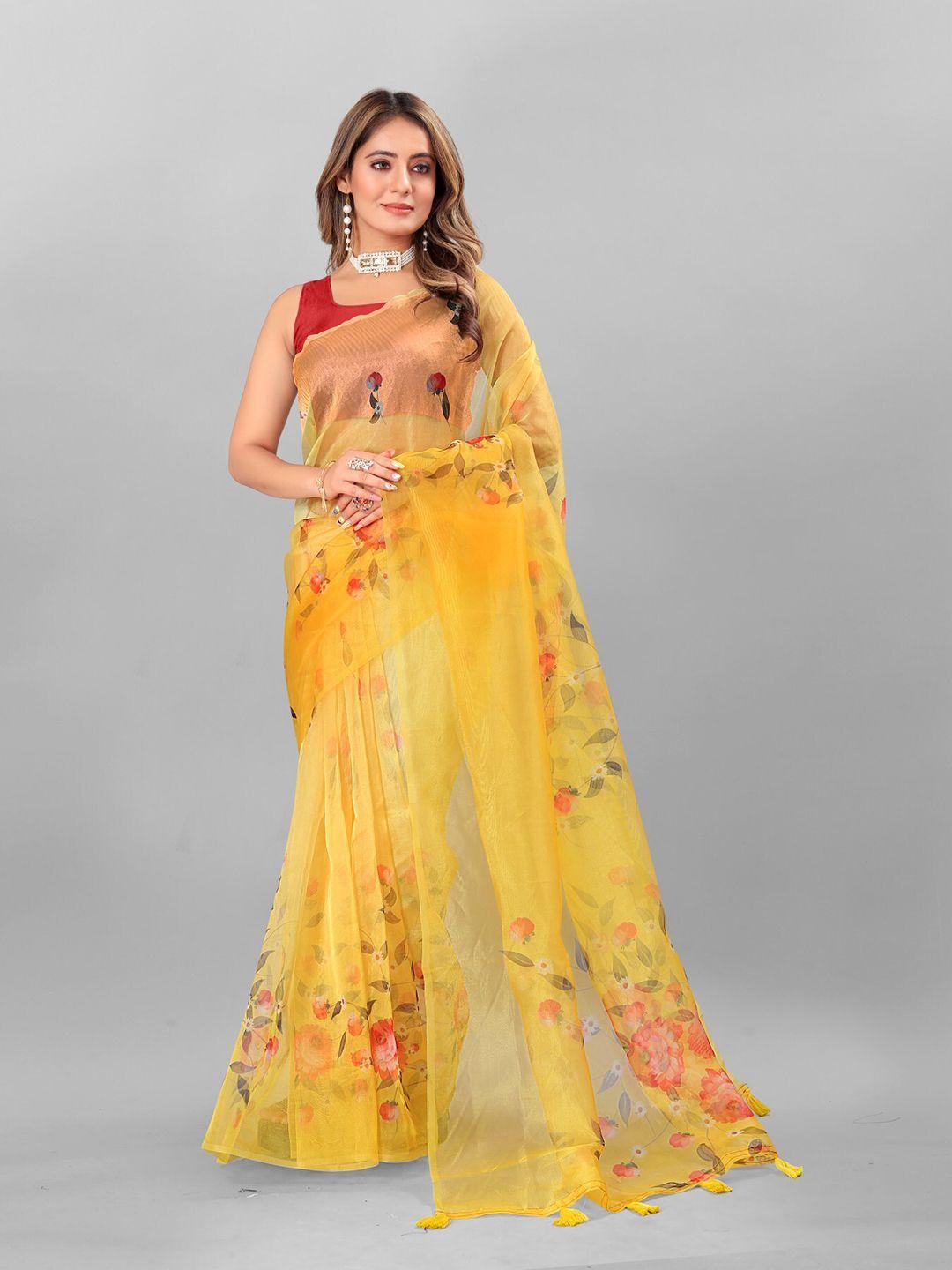 anouk yellow & red floral printed organza tussar saree