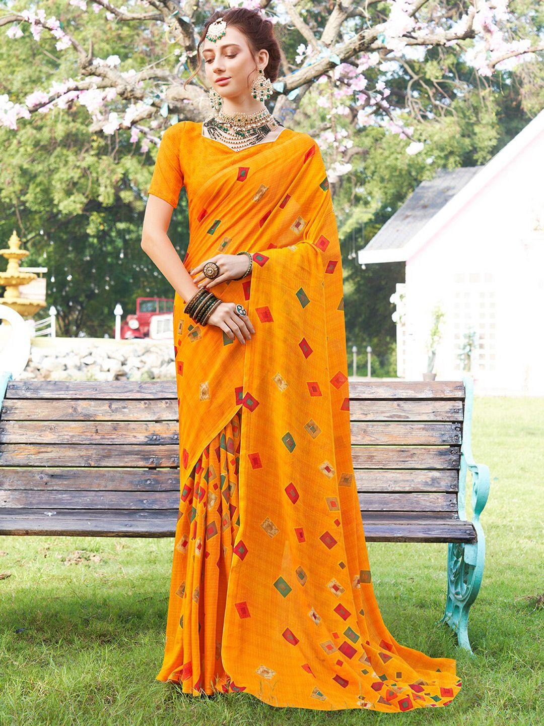 anouk yellow & red geometric printed poly georgette saree