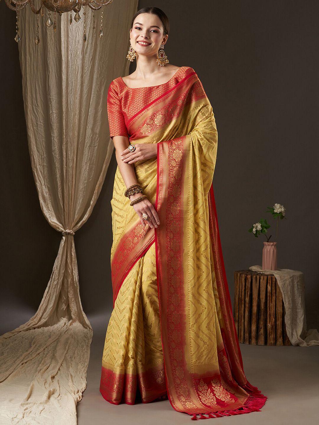 anouk yellow & red woven design zari pure georgette kanjeevaram saree