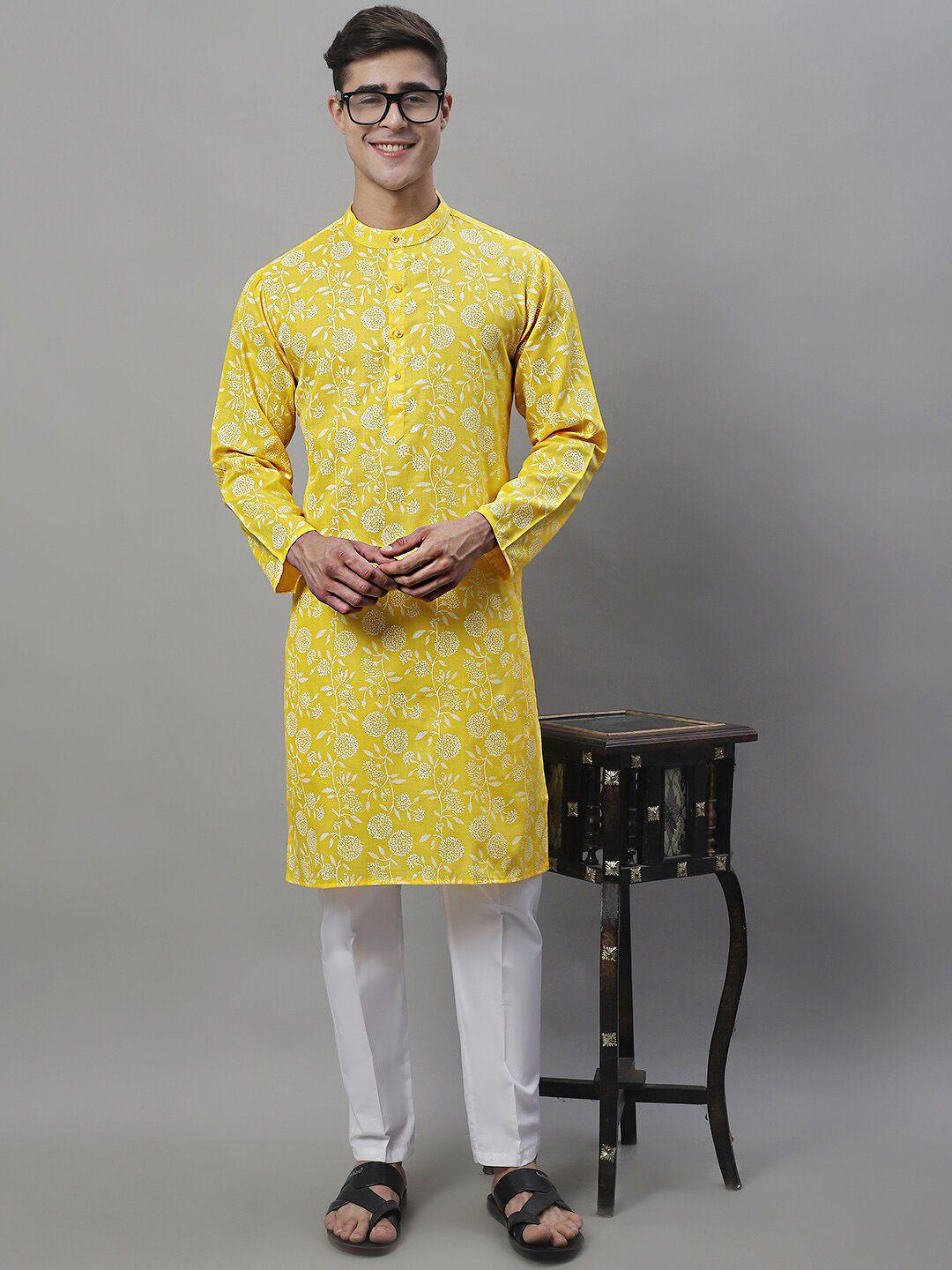 anouk yellow & white floral printed kurta with pyjamas