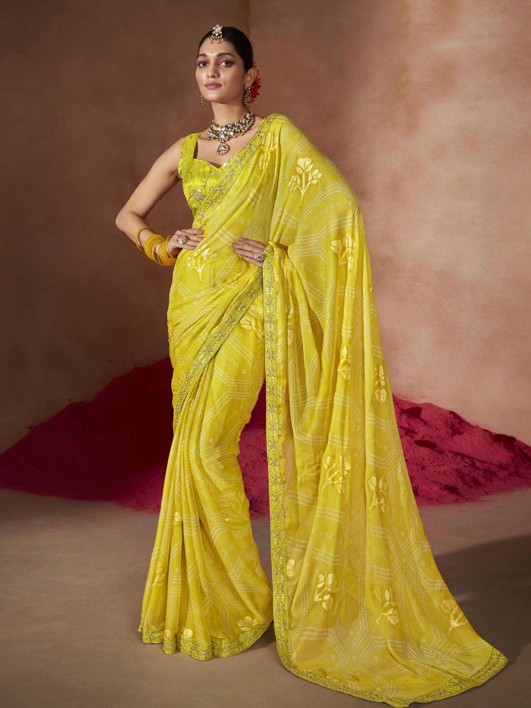 anouk yellow bandhani sequinned pure chiffon bandhani saree