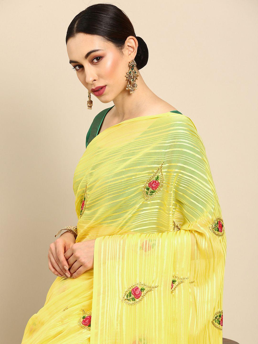 anouk yellow embellished embroidered mangalagiri saree