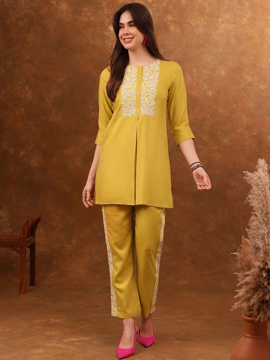 anouk yellow embroidered tunic & trousers co-ords