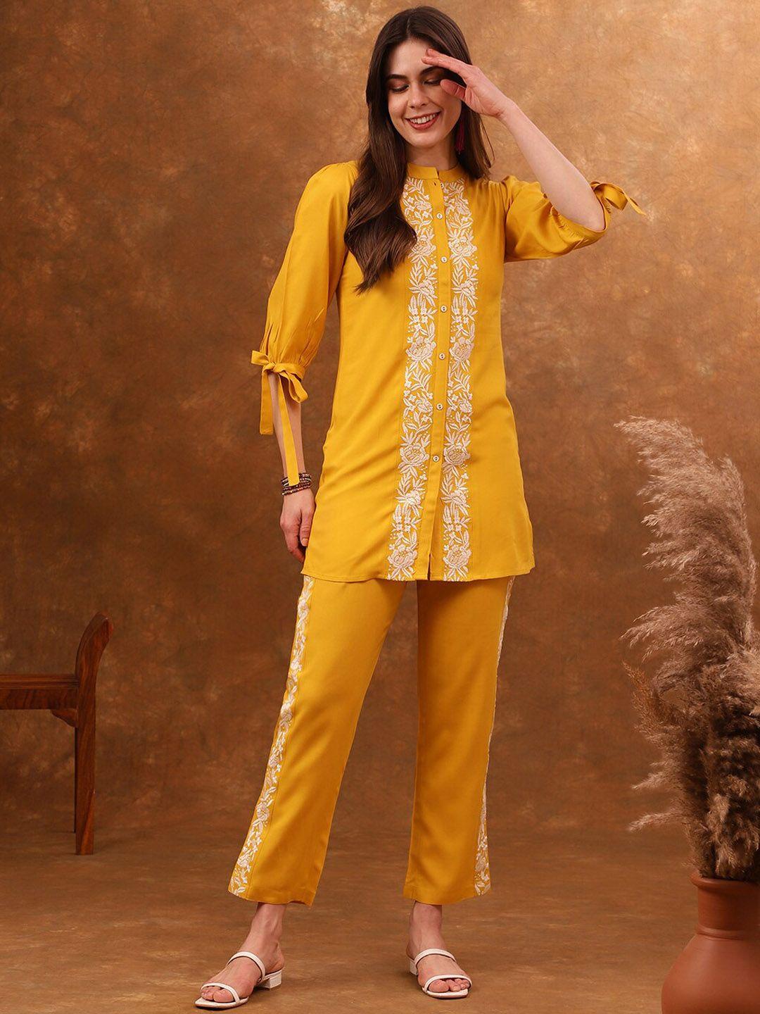 anouk yellow embroidered tunic with trousers co-ords