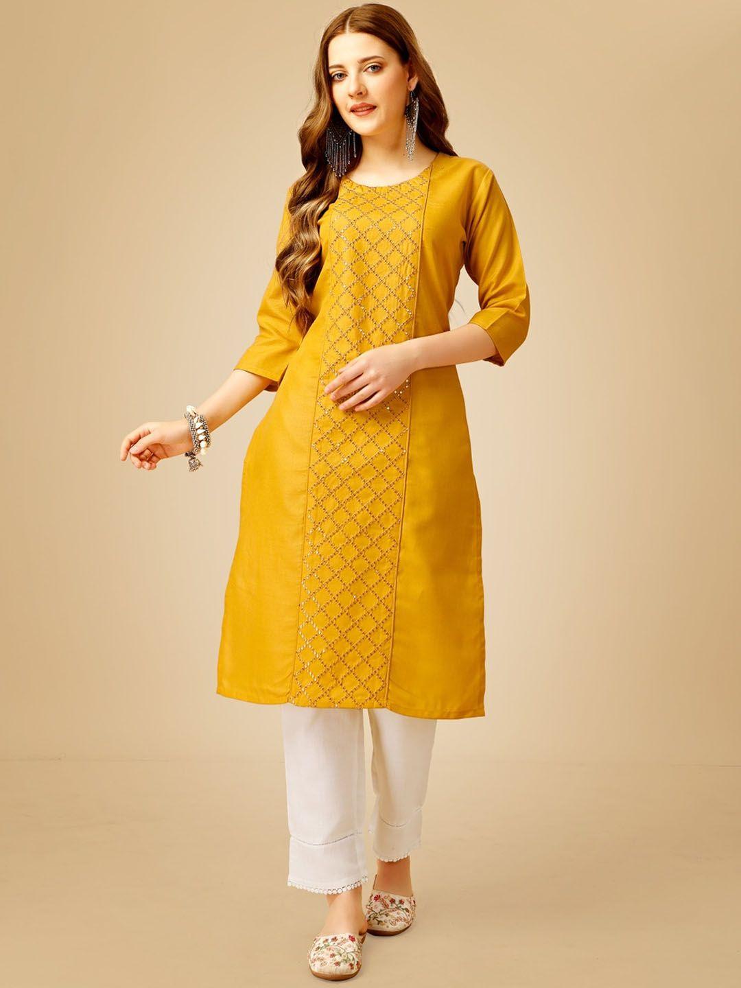 anouk yellow ethnic motif embroidered regular sequinned straight kurta with trousers