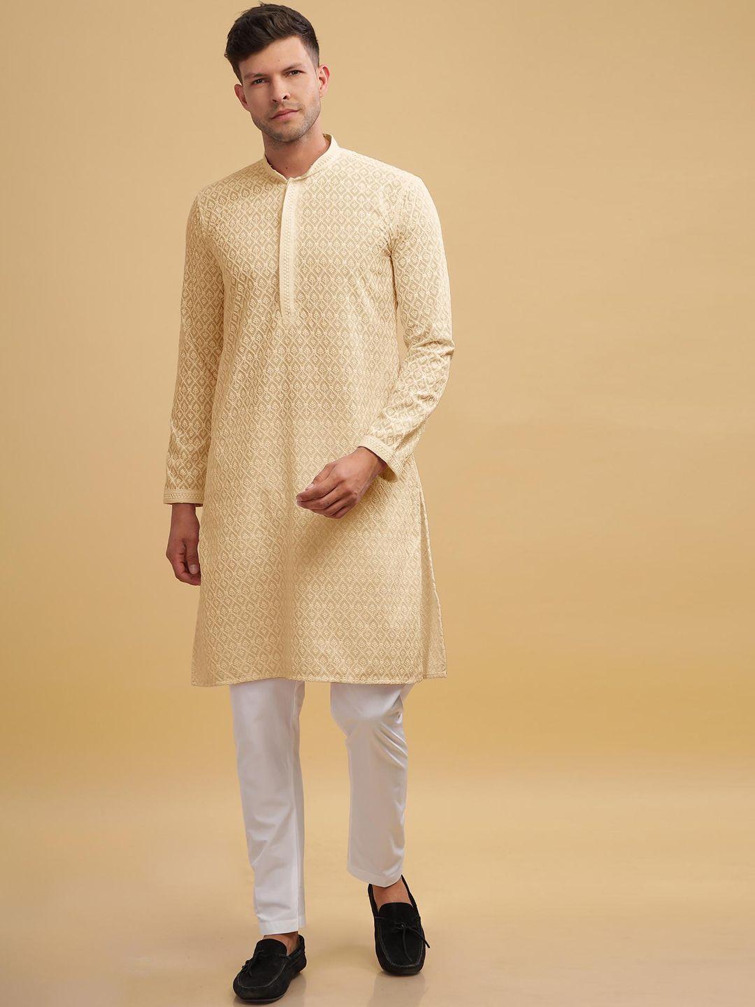 anouk yellow ethnic motifs embroidered mandarin collar straight pure cotton kurta