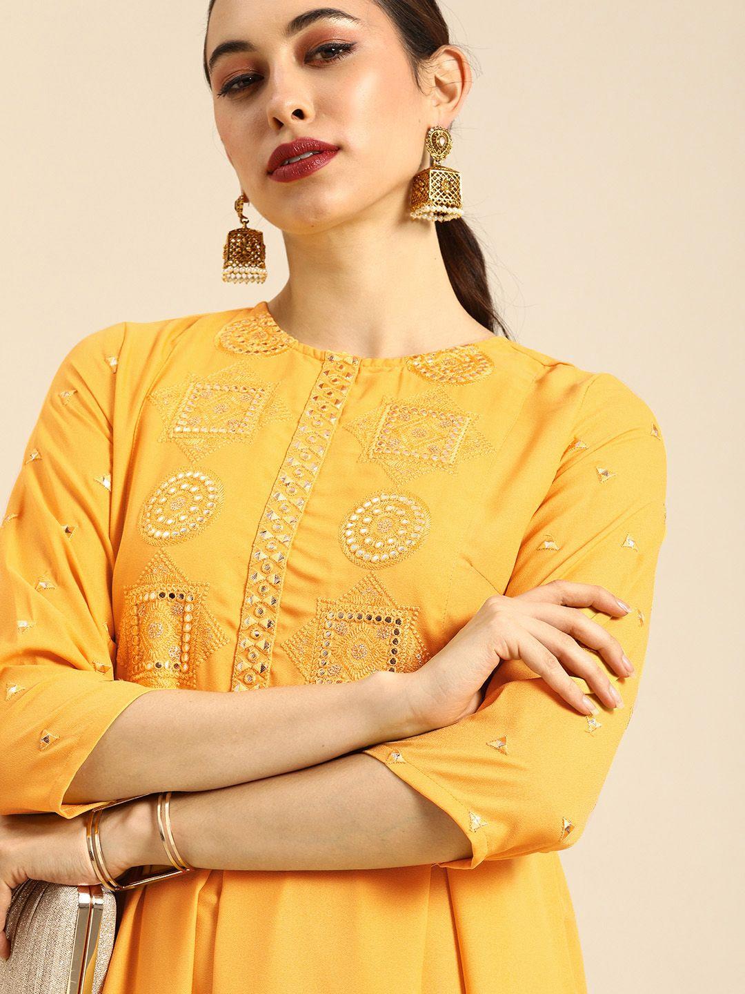 anouk yellow ethnic motifs gotta patti embroidered ethnic a-line midi dress
