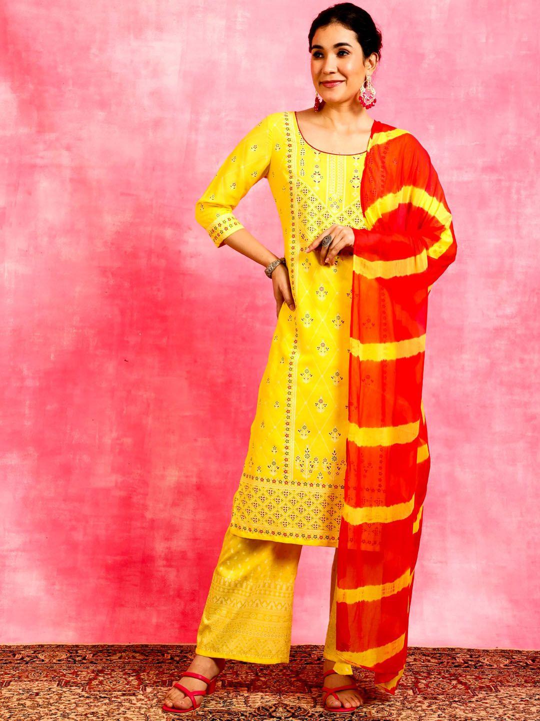 anouk yellow ethnic motifs printed round neck straight kurta & palazzos with dupatta