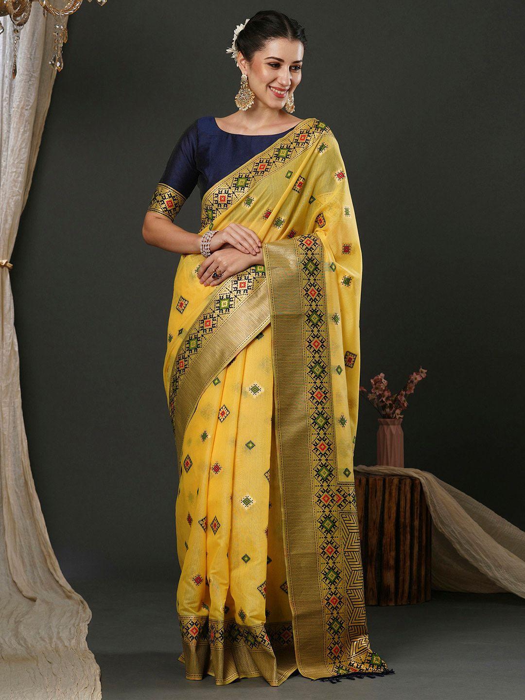 anouk yellow ethnic motifs woven design silk cotton banarasi saree