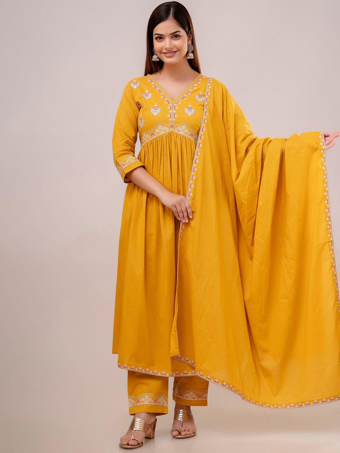 anouk yellow floral embroidered pure cotton empire kurta with trouser  & dupatta