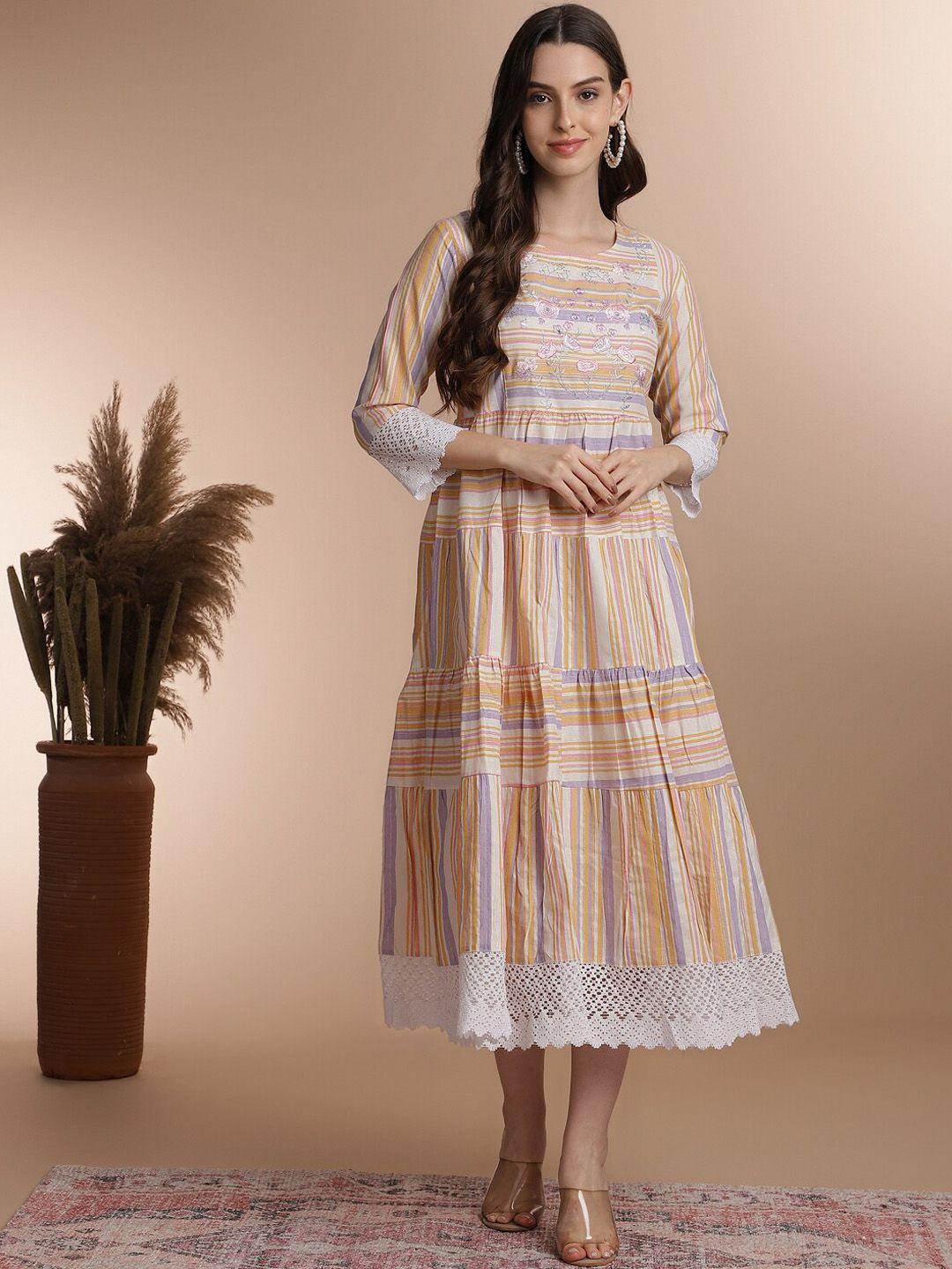 anouk yellow floral embroidered tiered pure cotton fit and flare midi ethnic dress