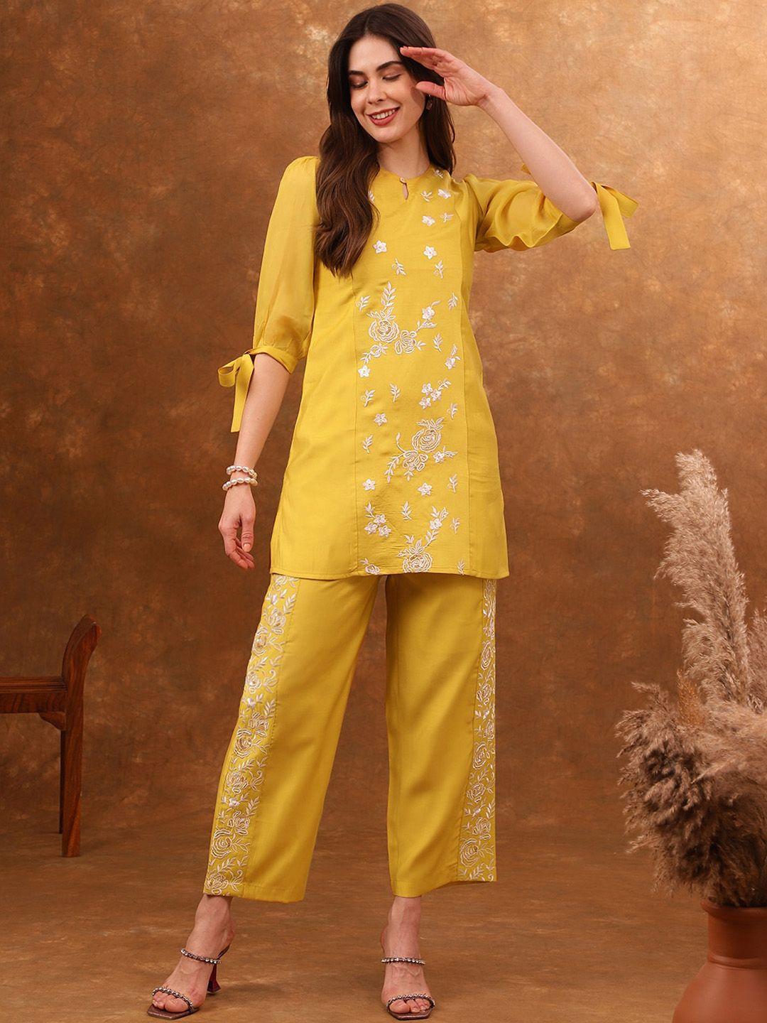 anouk yellow floral embroidered tunic with trouser