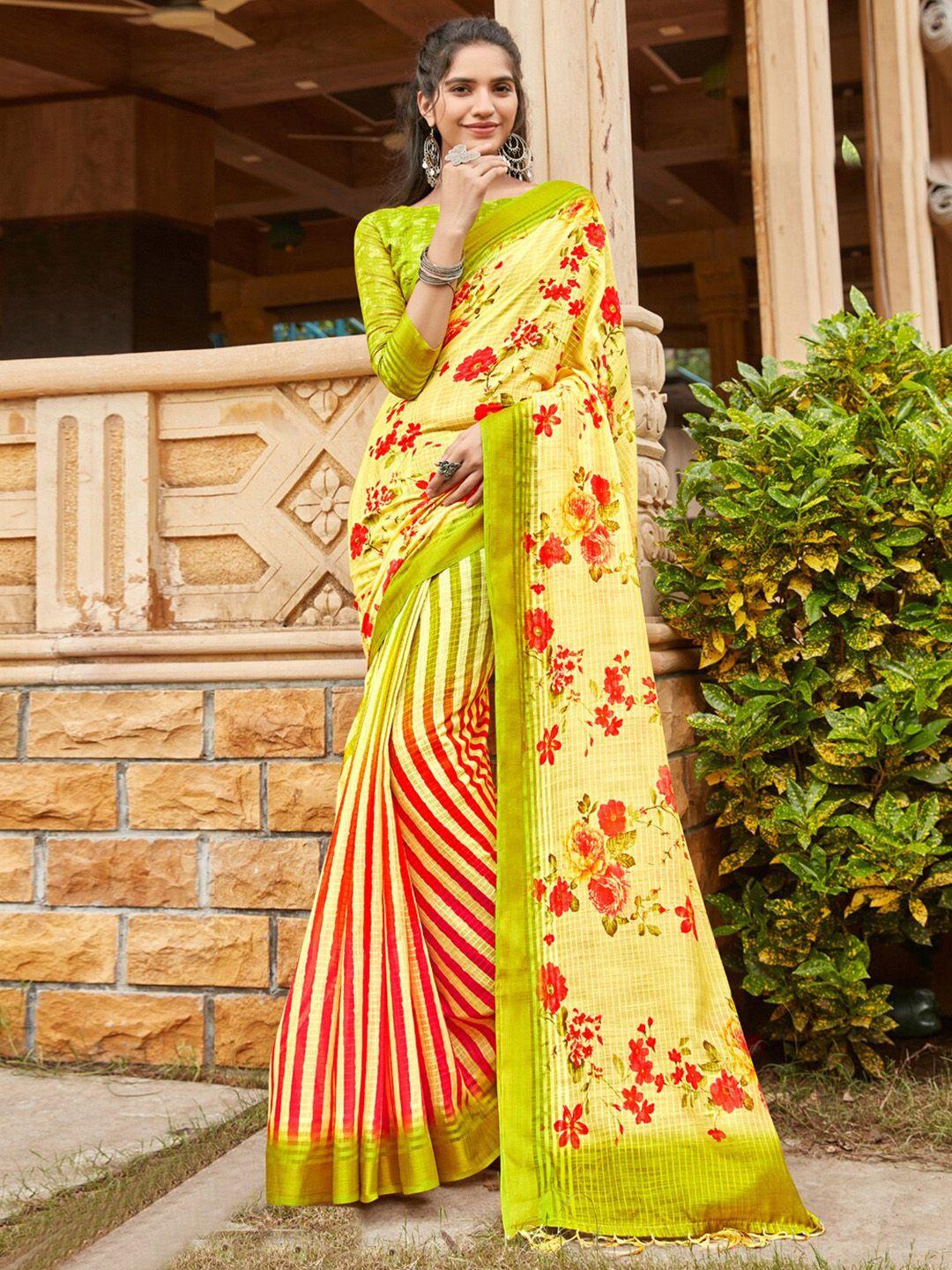 anouk yellow floral printed pure linen bagh saree