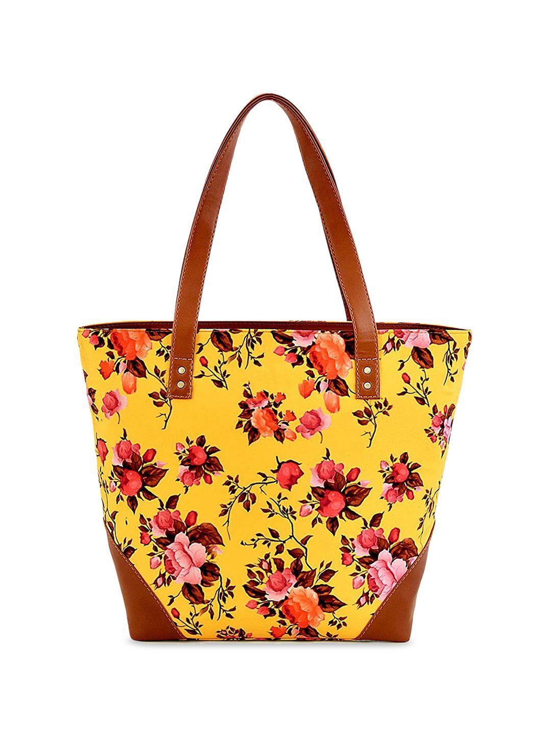 anouk yellow floral printed structured canvas tote bag up to 12 inch