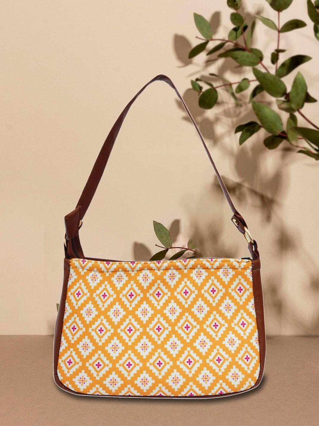 anouk yellow geometric printed structured handheld bag