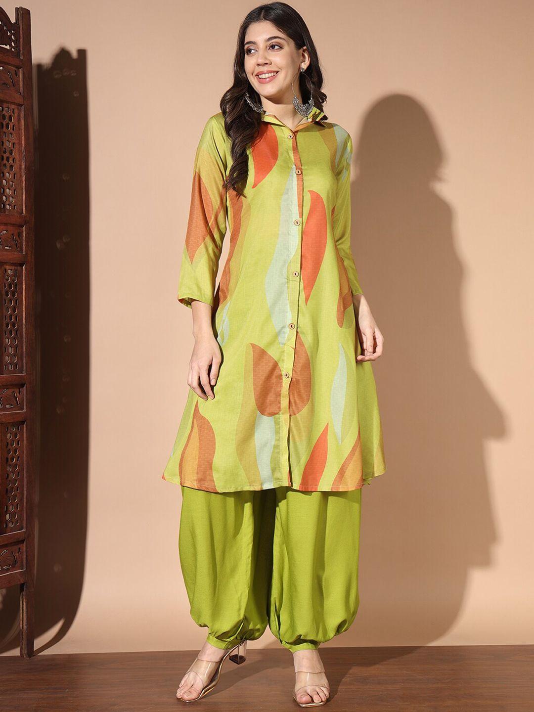 anouk yellow printed shirt collar a-line kurta with salwar