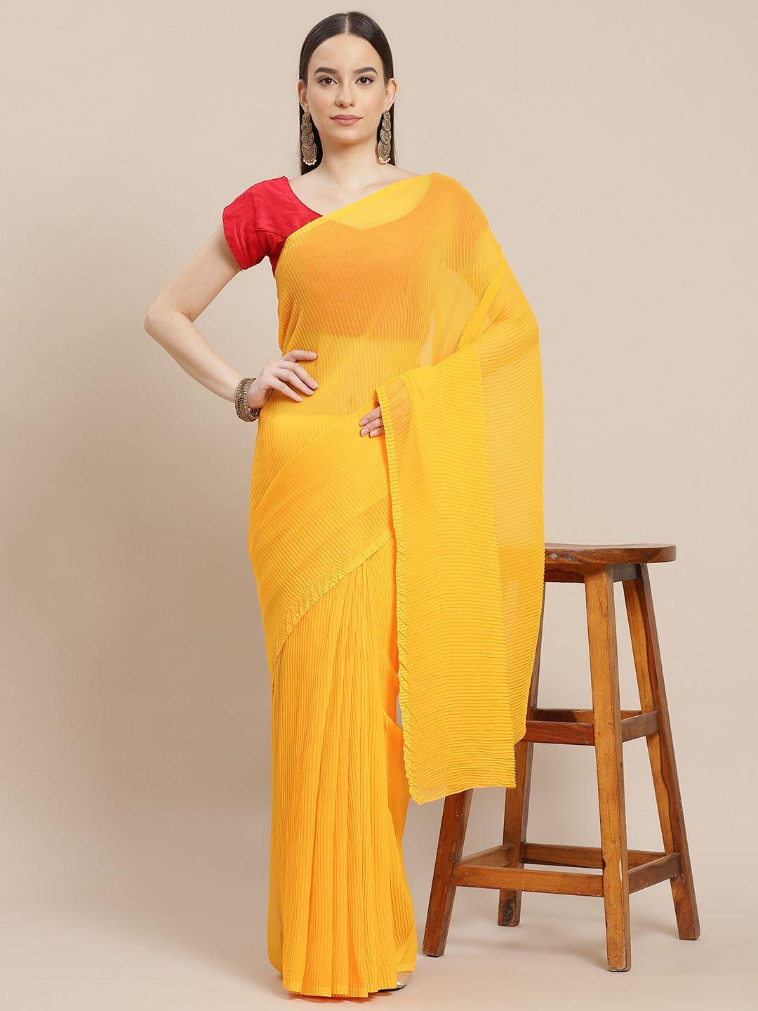 anouk yellow solid accordion pleated saree