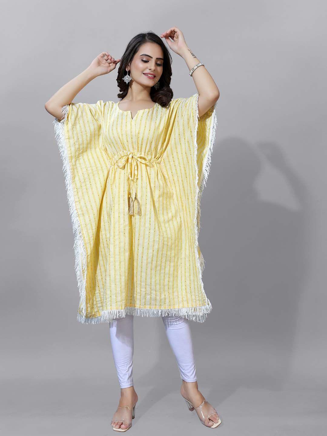 anouk yellow striped fringed detail notched neck cotton kaftan kurta