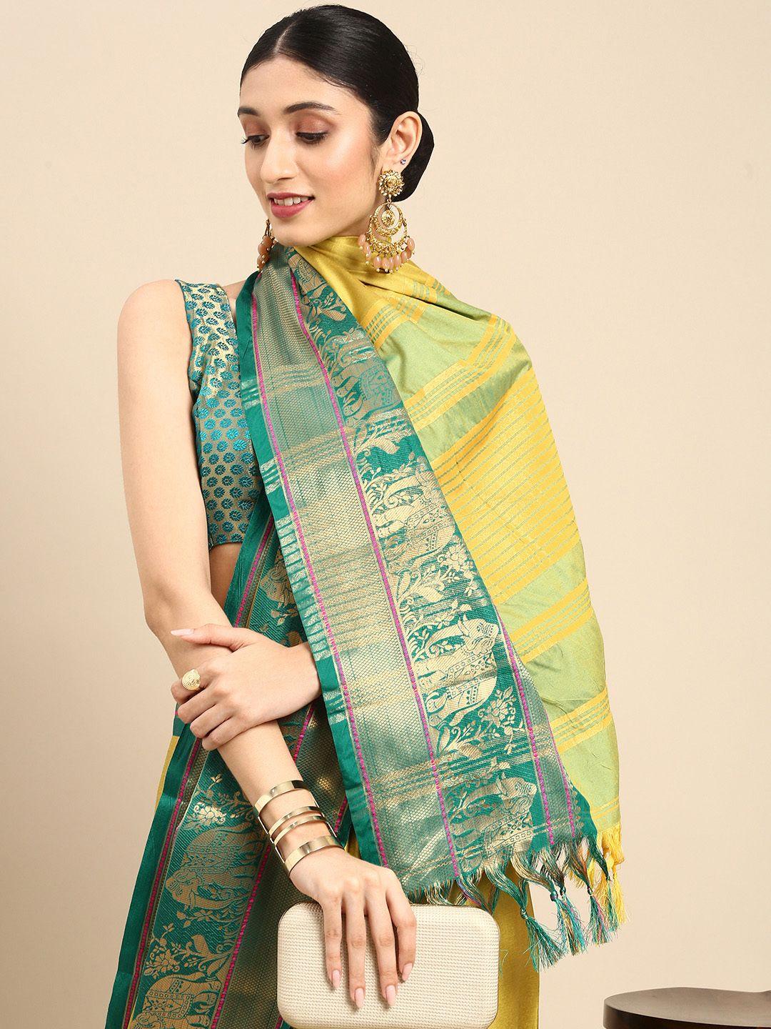 anouk yellow zari pure silk banarasi saree