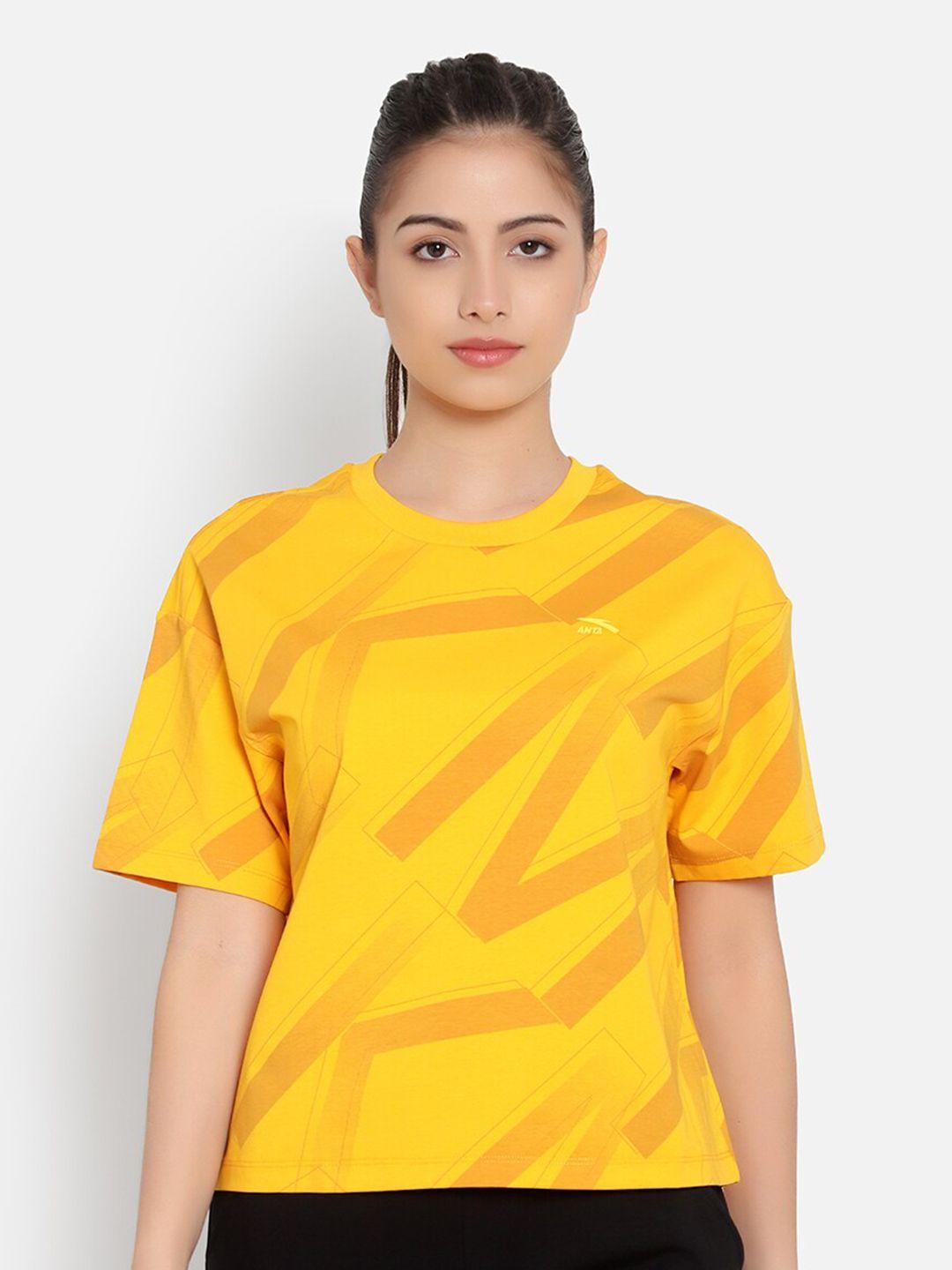 anta women yellow printed cotton t-shirt