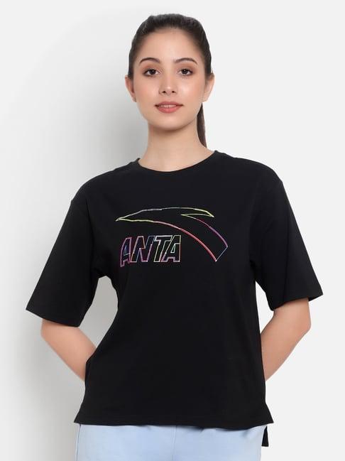 anta black cotton printed sports t-shirt