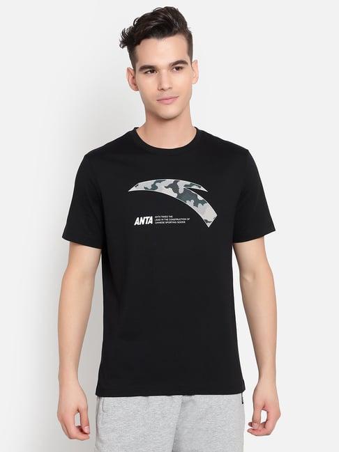 anta black regular fit printed crew t-shirt