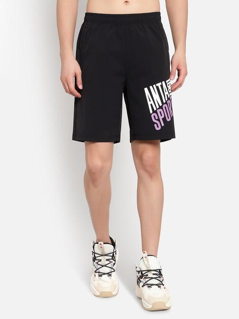 anta black regular fit printed sports shorts