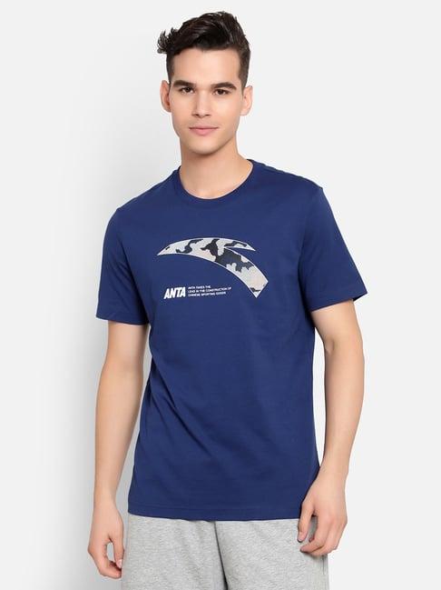 anta blue regular fit printed crew t-shirt