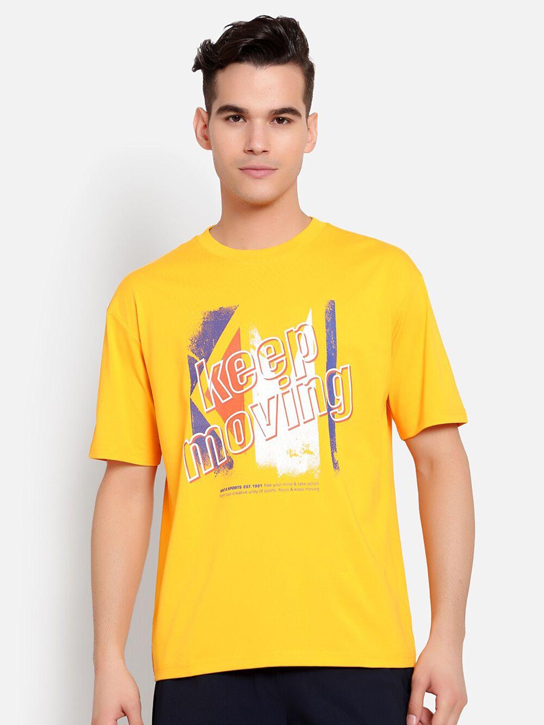 anta men yellow typography printed cotton t-shirt