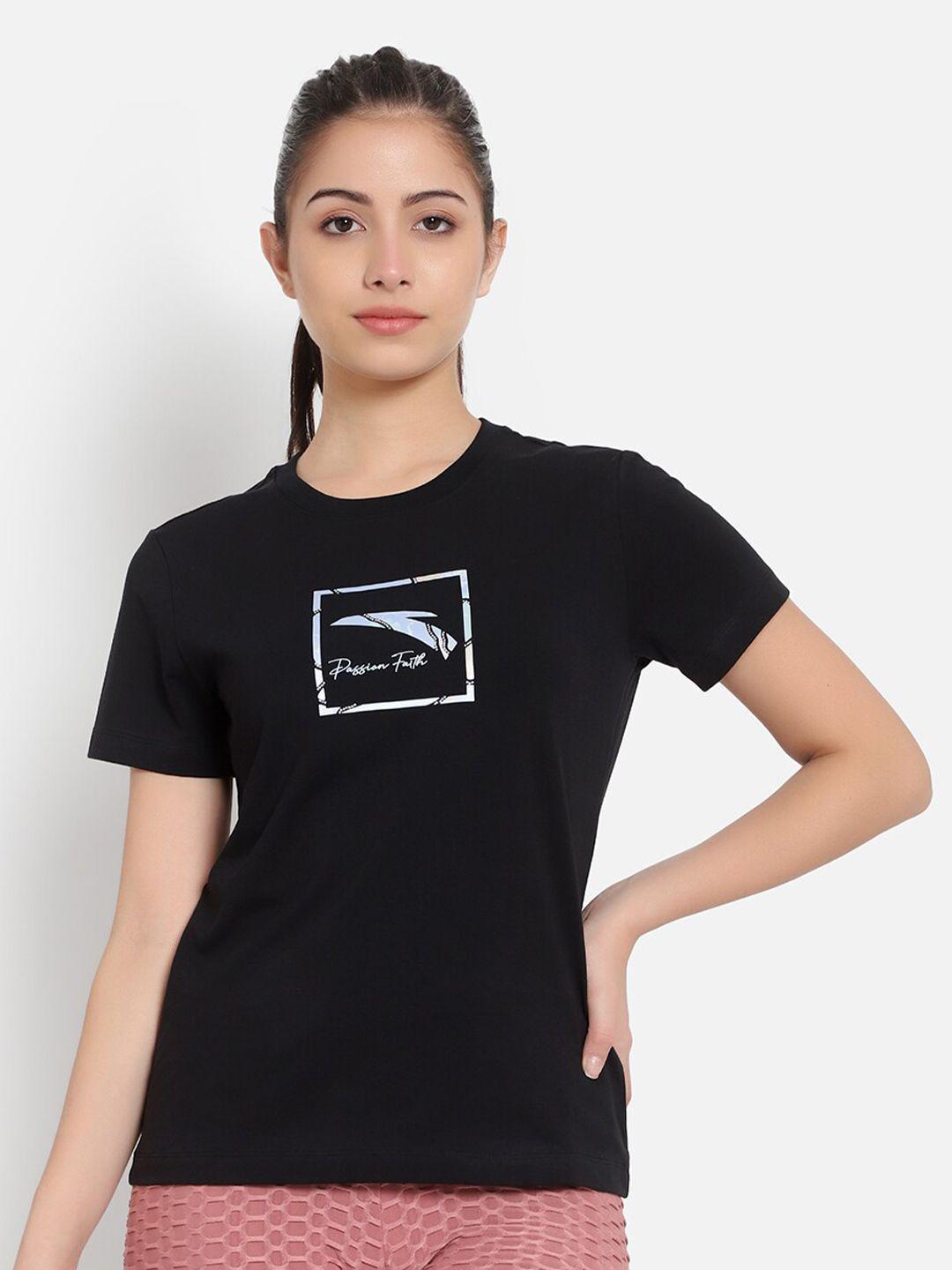 anta women black typography printed cotton t-shirt