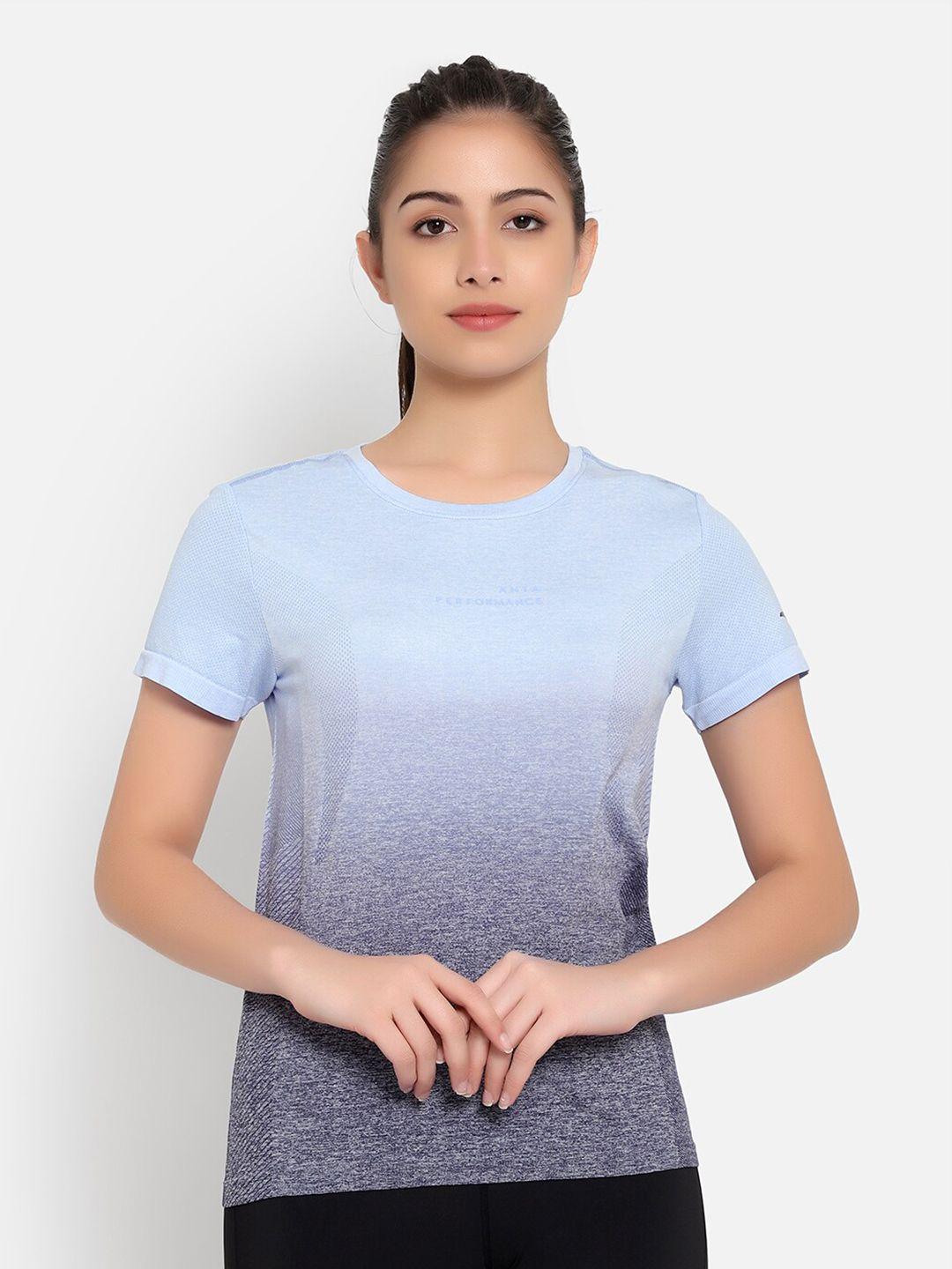 anta women blue colourblocked t-shirt