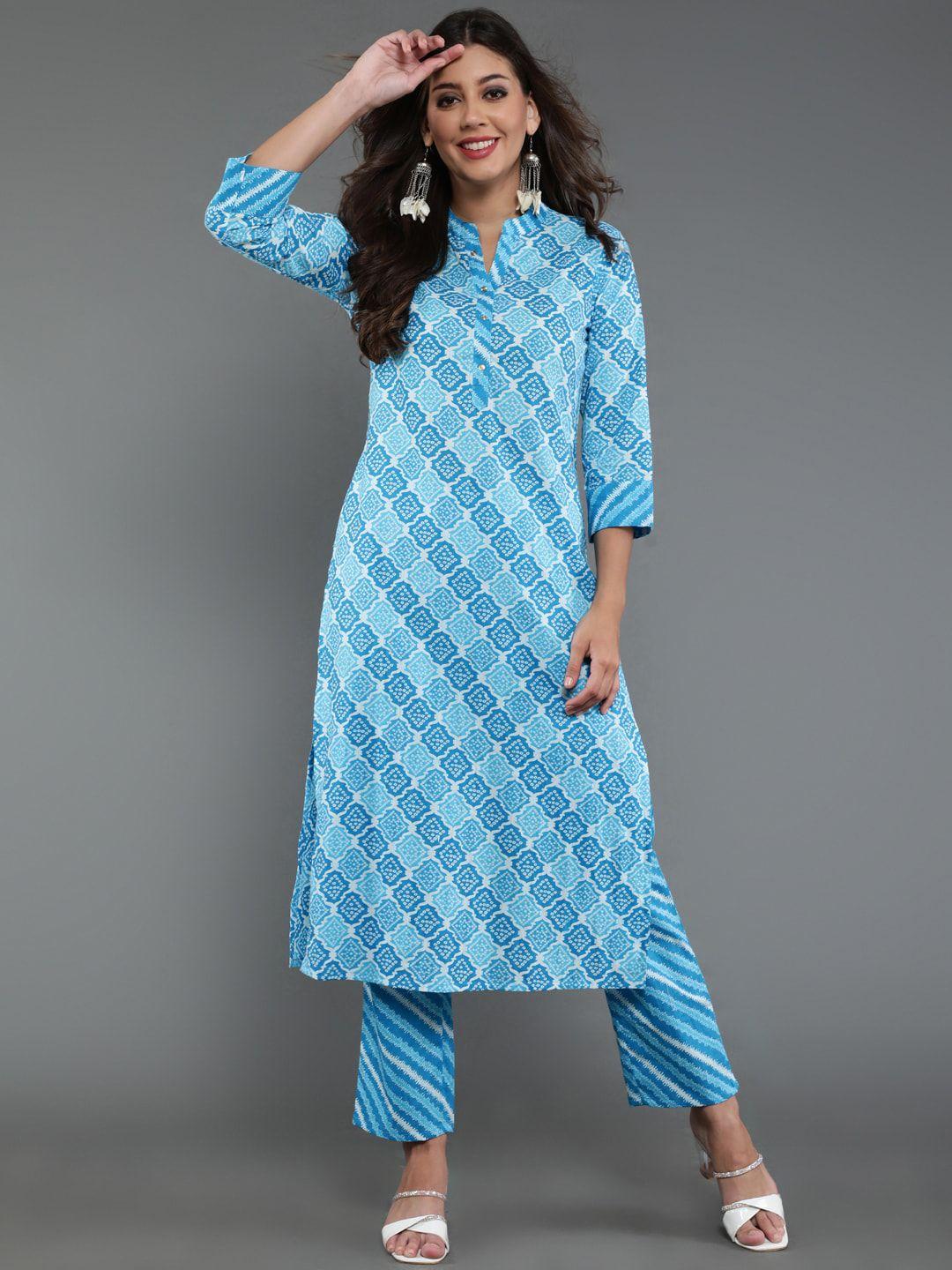 antaran bandhani printed mandarin collar pure cotton kurta with trousers